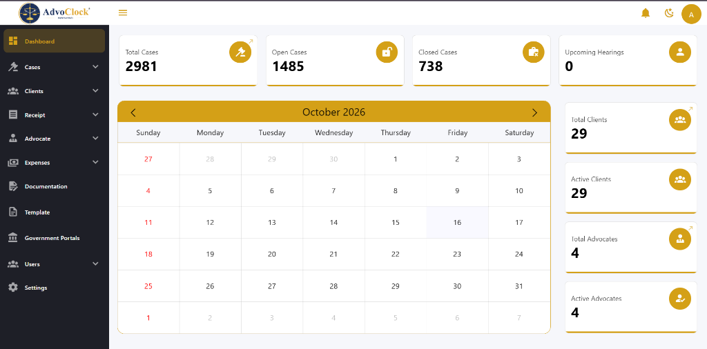 AdvoClock Legal Case Management Platform Screenshot
